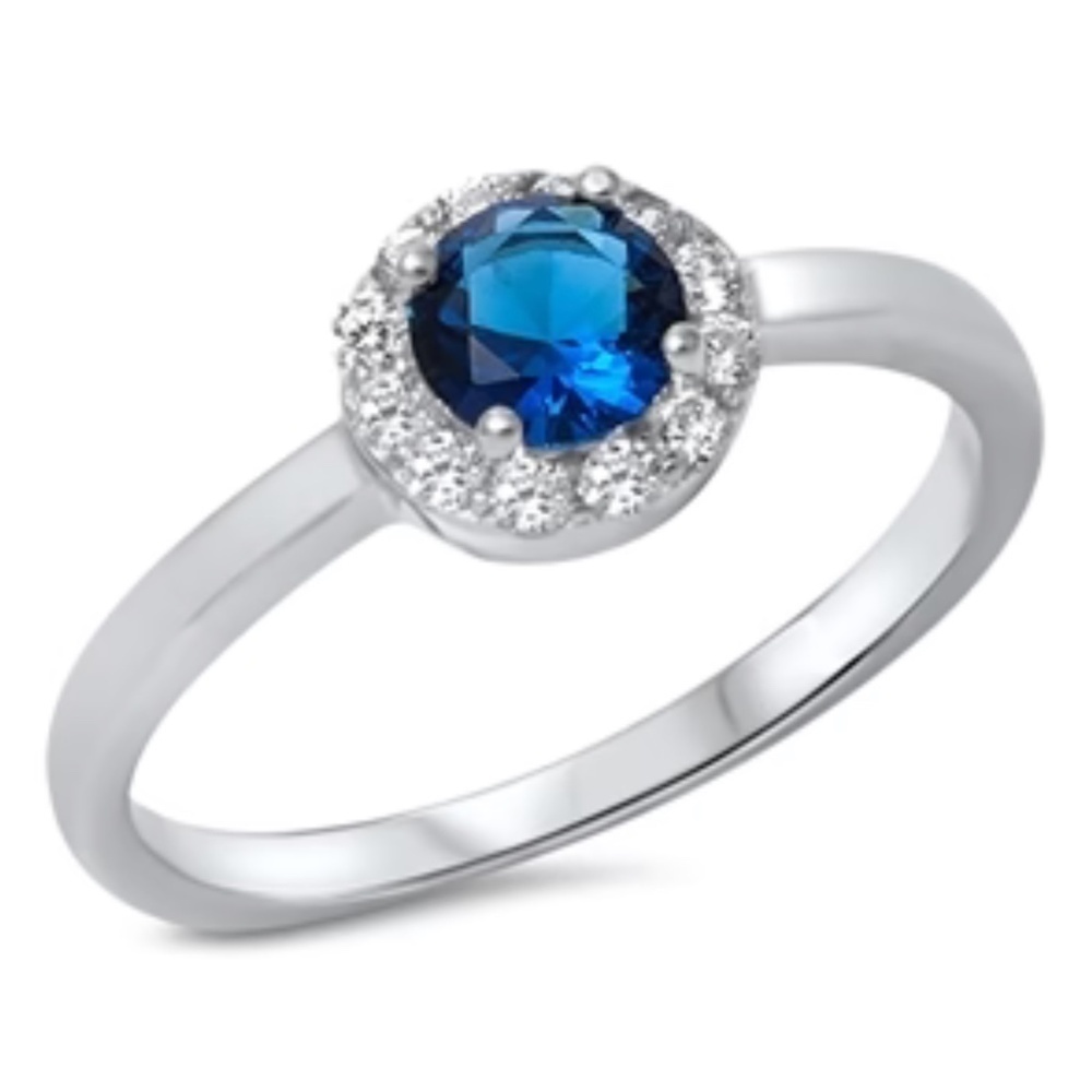 Sterling Silver Halo Ring with Blue Sapphire CZ – Size 7